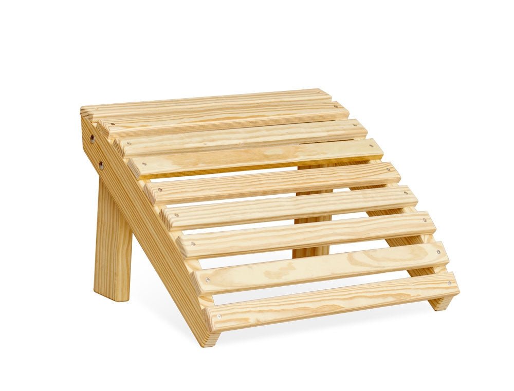 Natural pine outdoor ottoman footrest with angled slats forming a sloped top on a white background