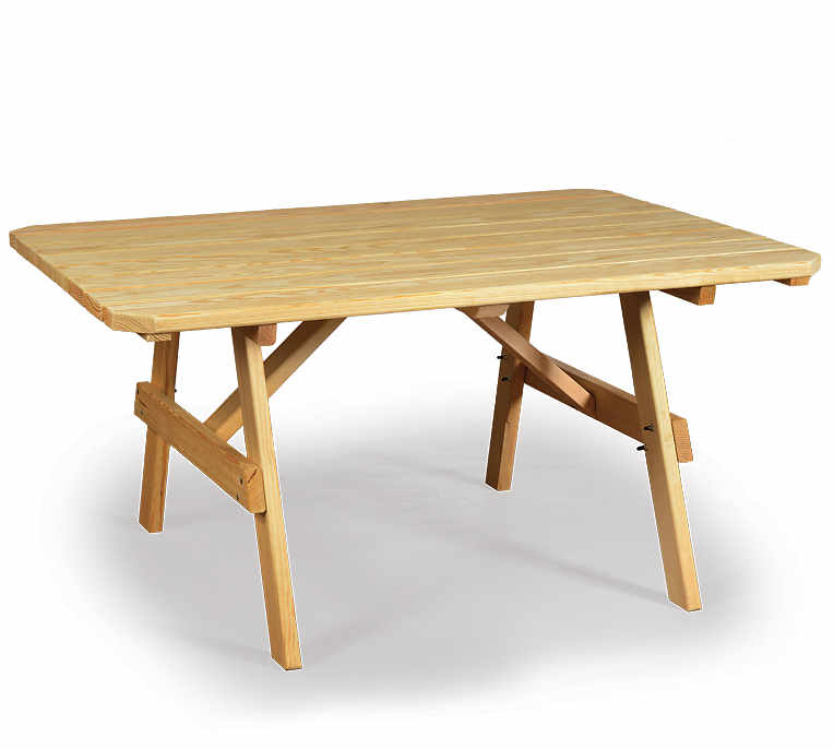 Plain wooden outdoor table with a plank top and angled braced legs in a natural pine finish