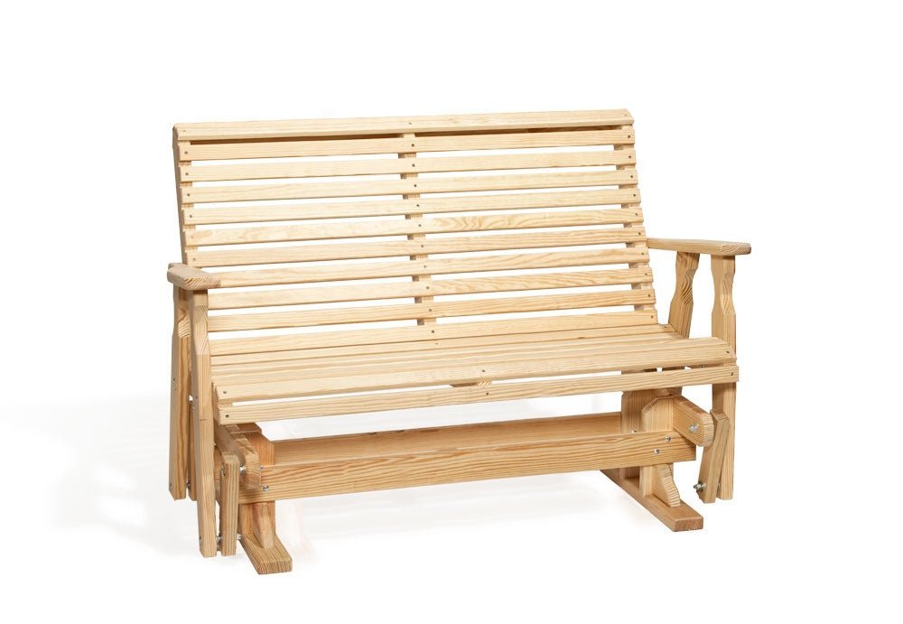 Natural pine roll back 5 foot glider bench with rolled slat back and heavy gliding base on a white background