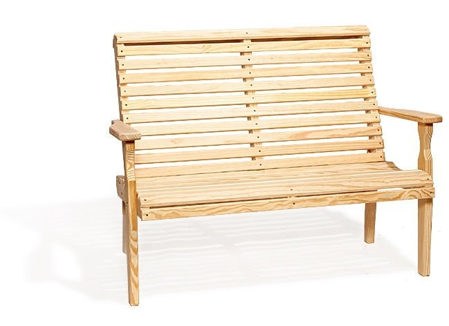 Natural pine roll back garden bench with a rolled slatted back, contoured seat and flat arms on white