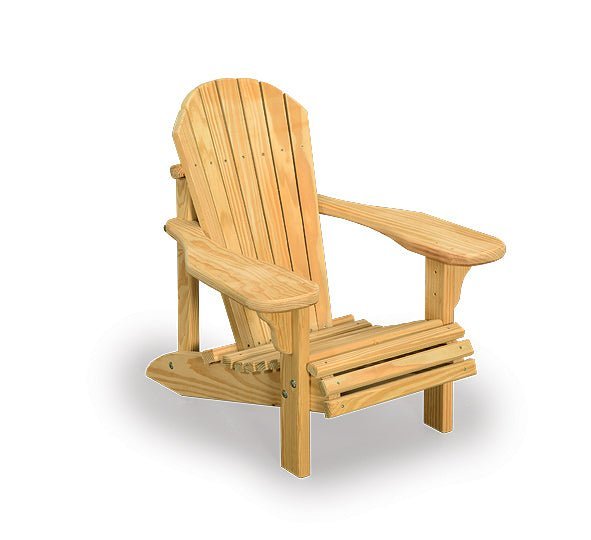 Kid size wooden Adirondack chair with fanned back slats, wide arms and contoured seat, on white
