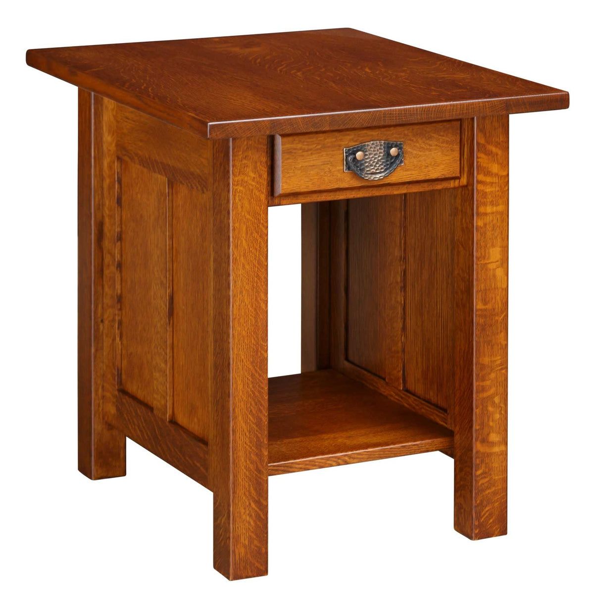Quartersawn oak paneled end table with one drawer, hammered copper pull and an open lower shelf