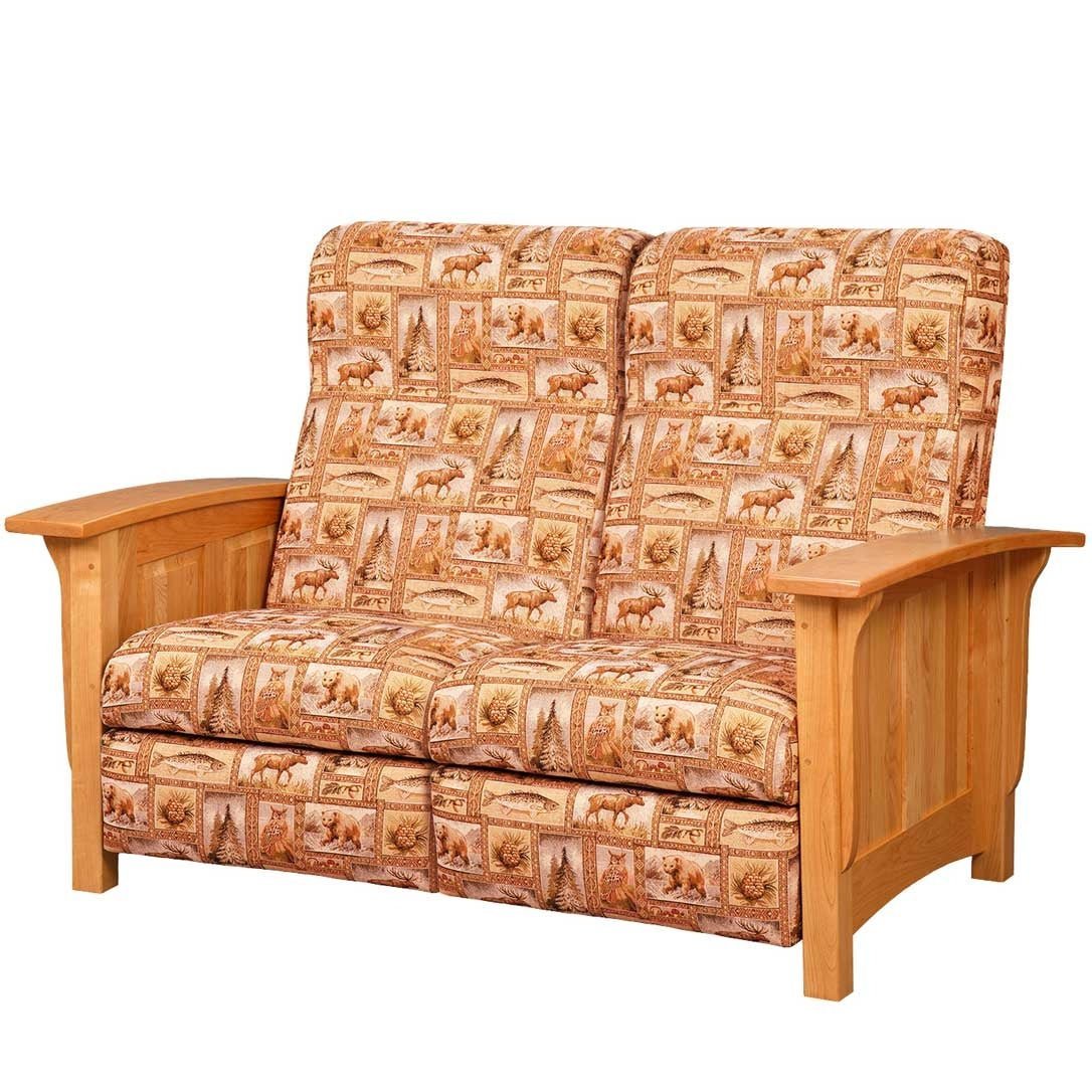 Oak paneled Mission reclining loveseat in tan striped chenille with a matching pillow and a floor lamp behind