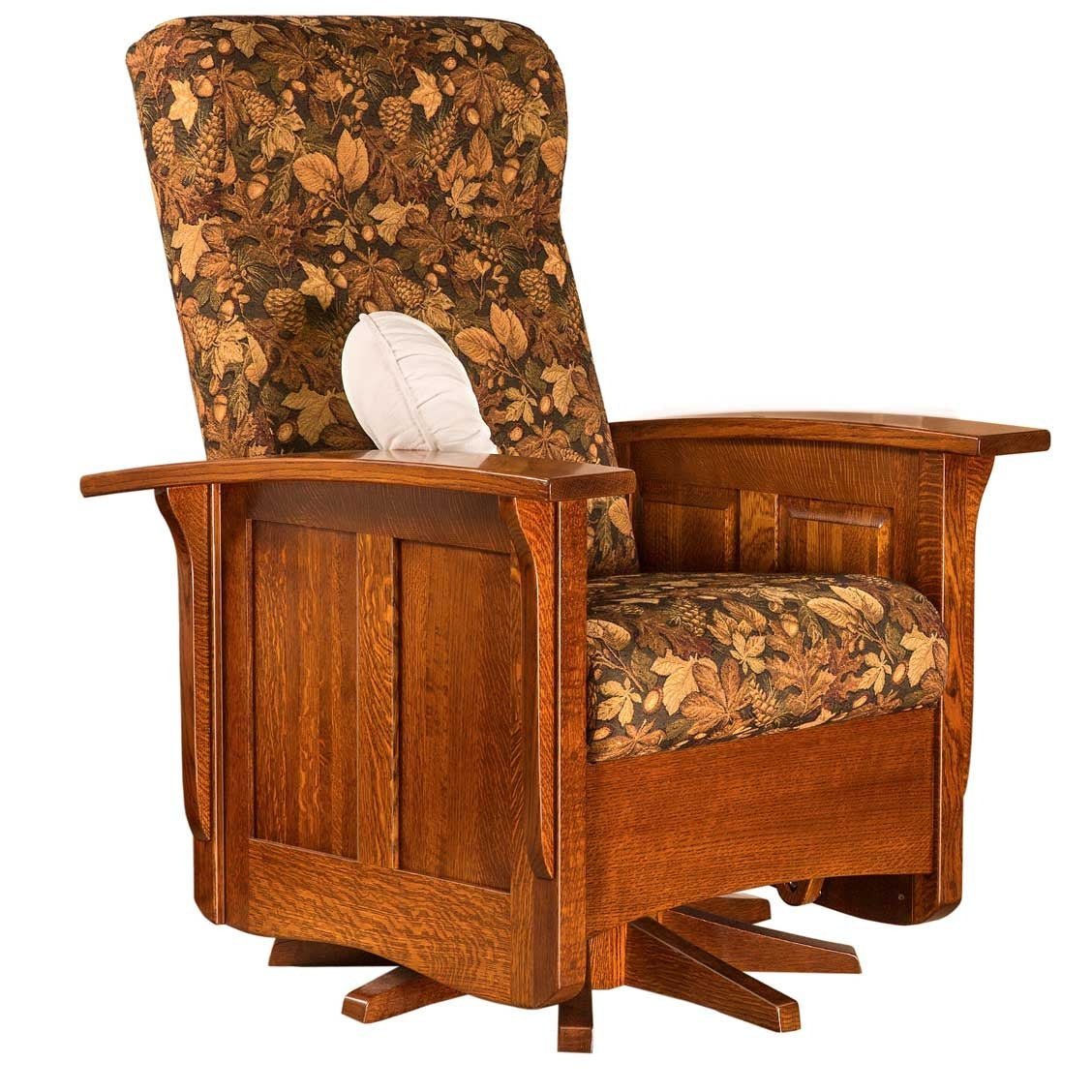 Quartersawn oak swivel glider with autumn leaf tapestry cushions and white bolster in a room with a stone fireplace