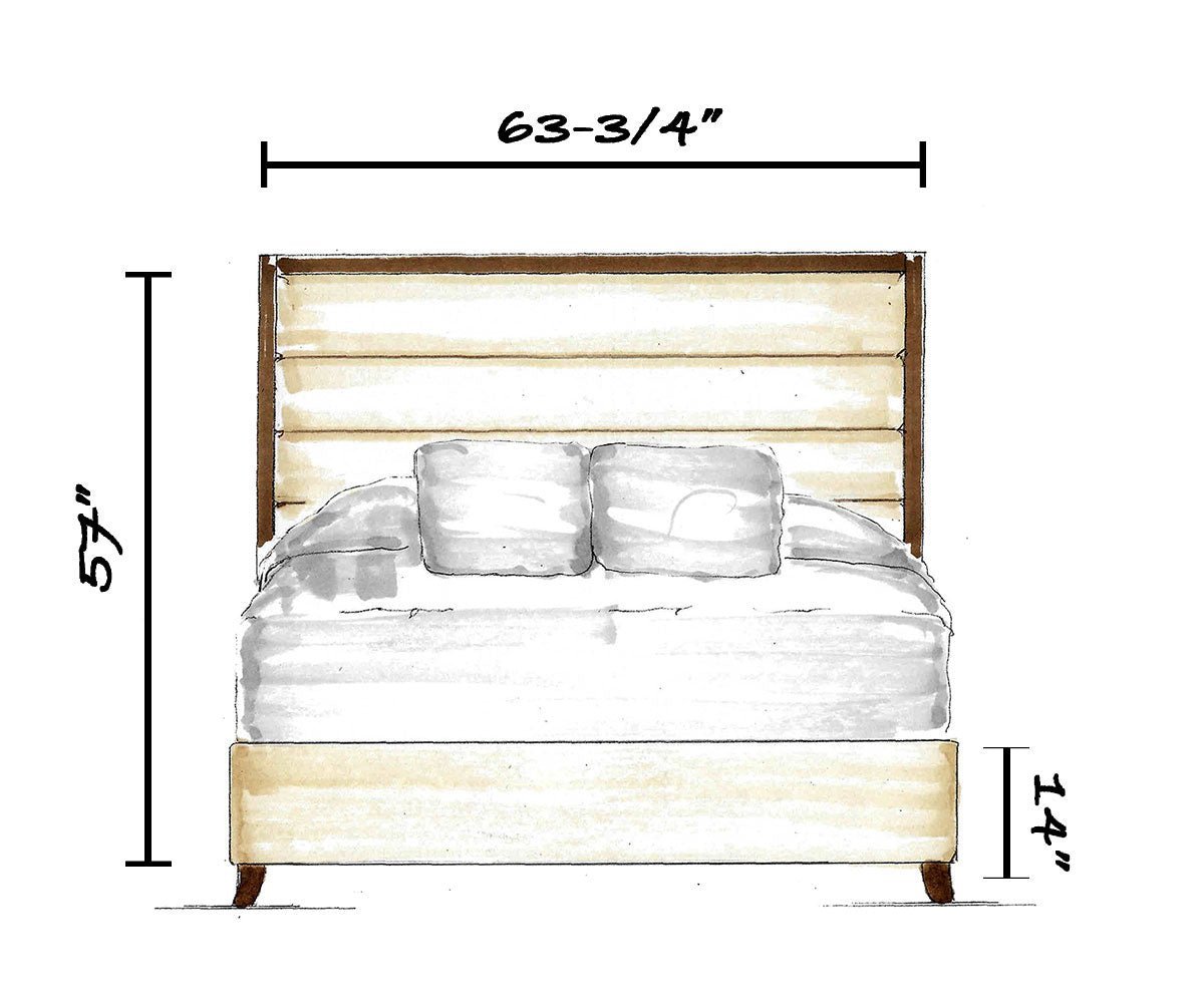 Upholstered landscape bed with tall horizontal channel headboard in ivory fabric framed by a dark wood surround