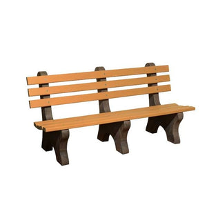 Cedar colored poly slat park bench with three brown concrete pedestal legs shown at an angle on a white background