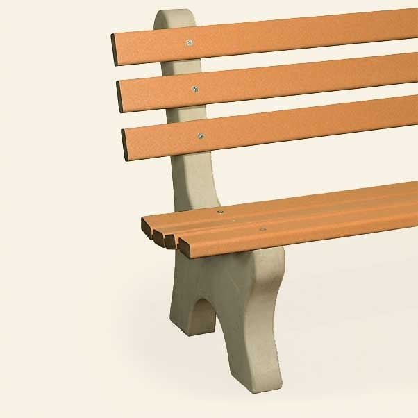 Close up of the cedar poly bench slats joined to a light gray concrete leg with stainless screws