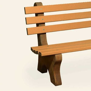 Detail view of cedar poly lumber seat and back slats fastened to a dark brown concrete support leg