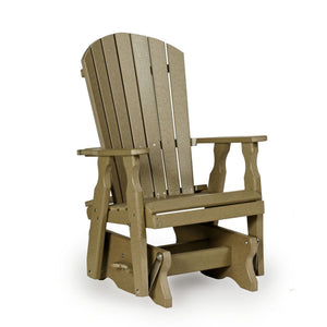 Weathered tan poly Adirondack glider chair with fanned back slats, shaped arms and gliding base on white