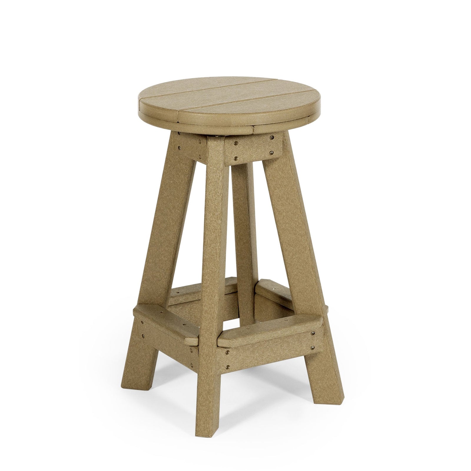 Turquoise and white poly swivel barstools with round seats and footrests beside a poolside patio bar