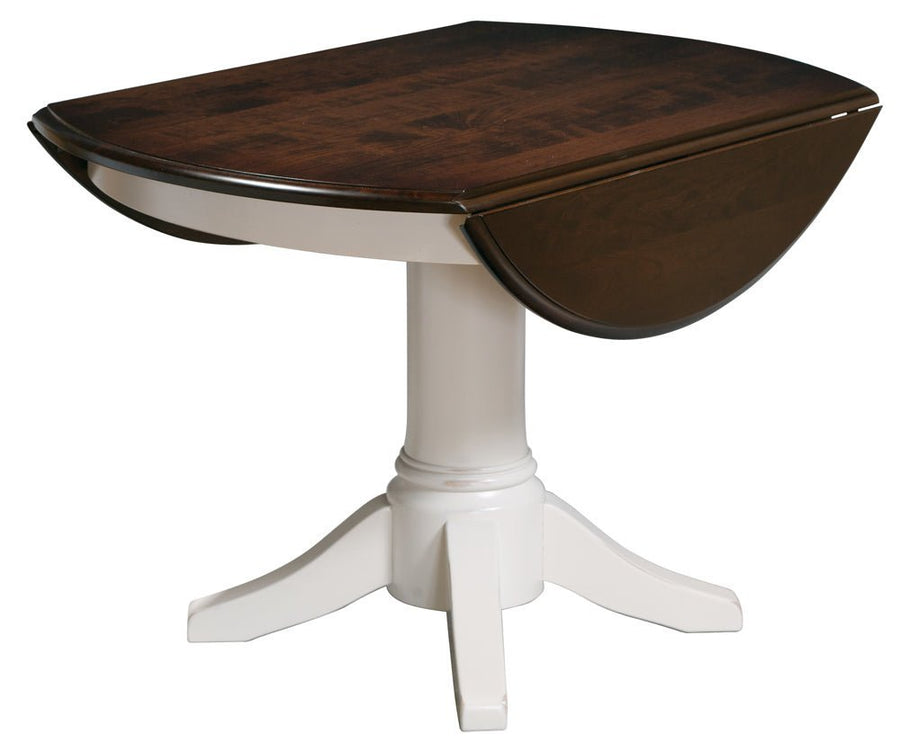 Two tone drop leaf dining table with one leaf lowered, showing the cherry top and white pedestal base