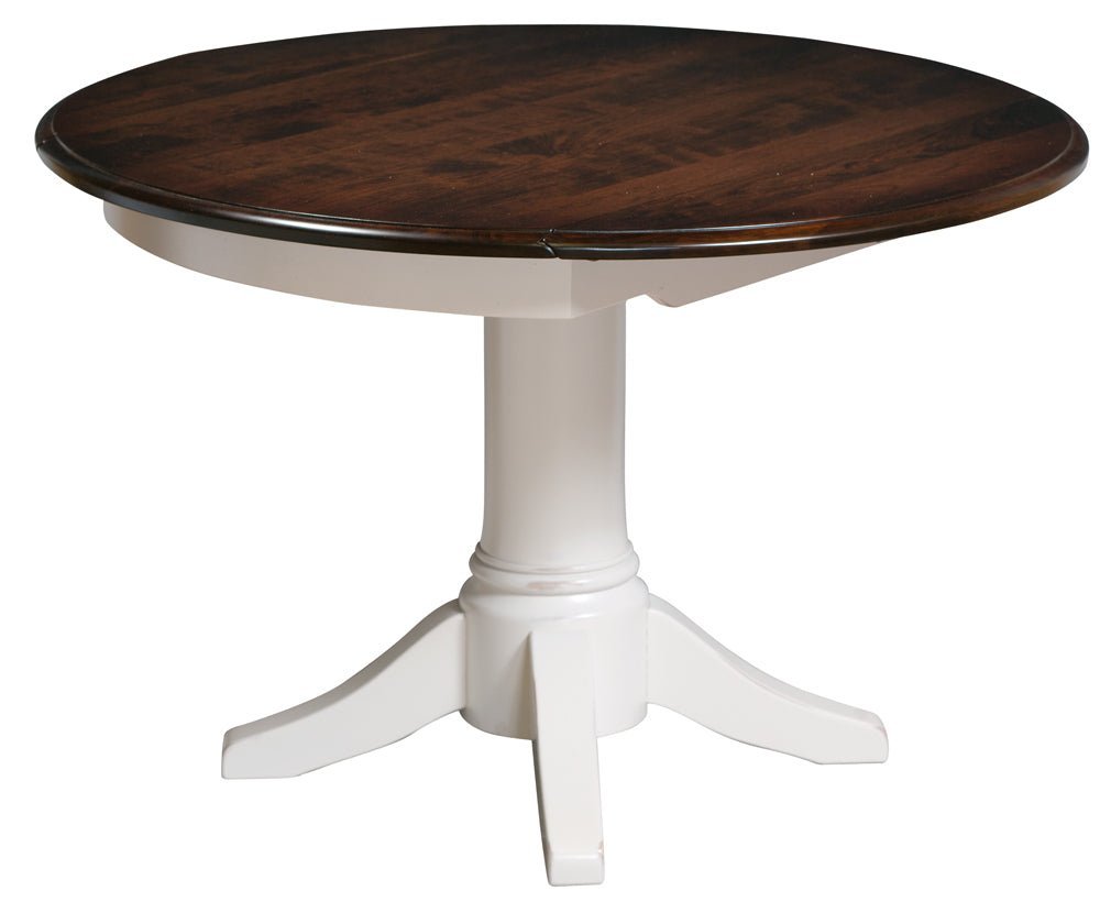 Round pedestal dining table with a dark cherry top and white painted turned column with four splayed feet