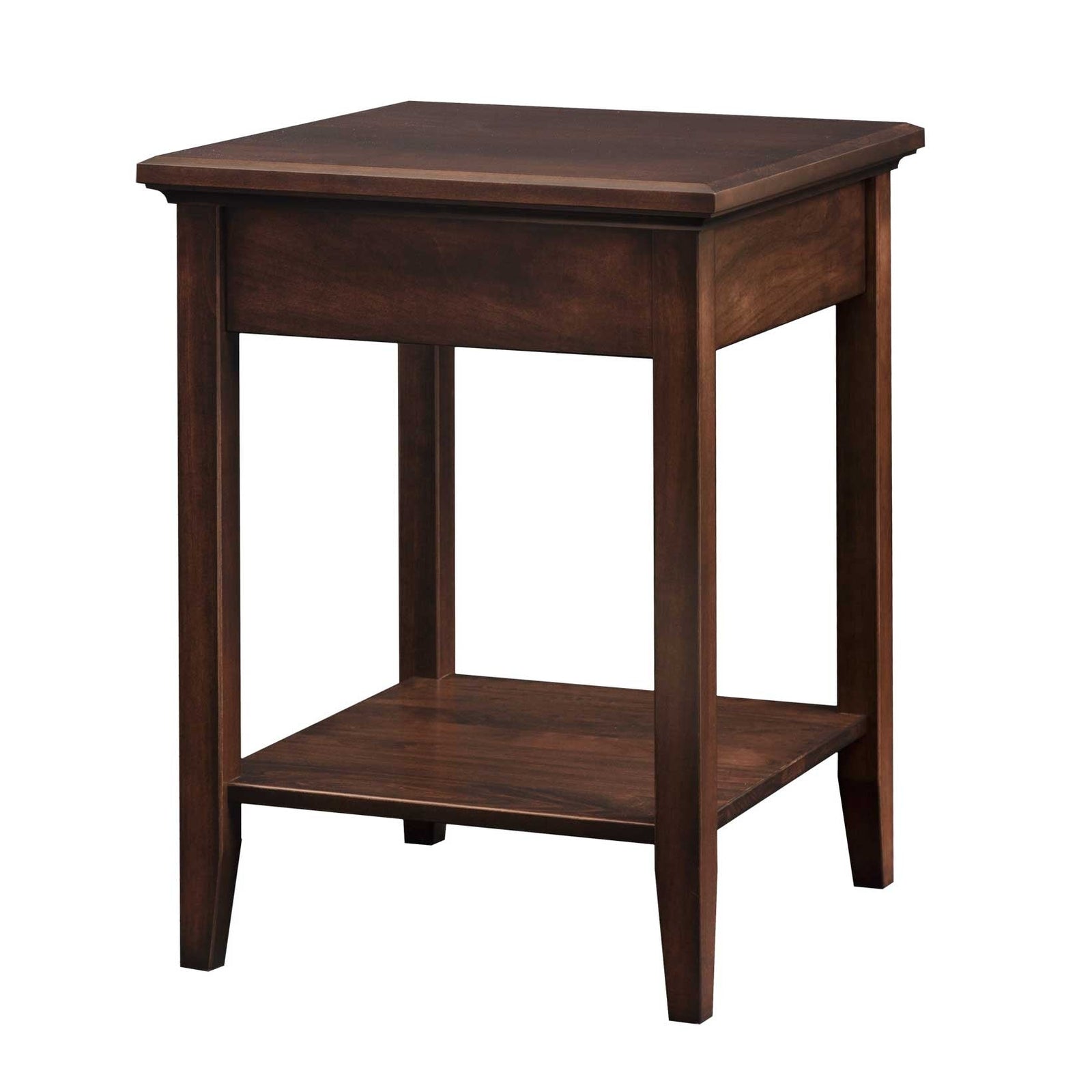 Square corner accent table in dark walnut with a beveled top, lower display shelf and tapered legs