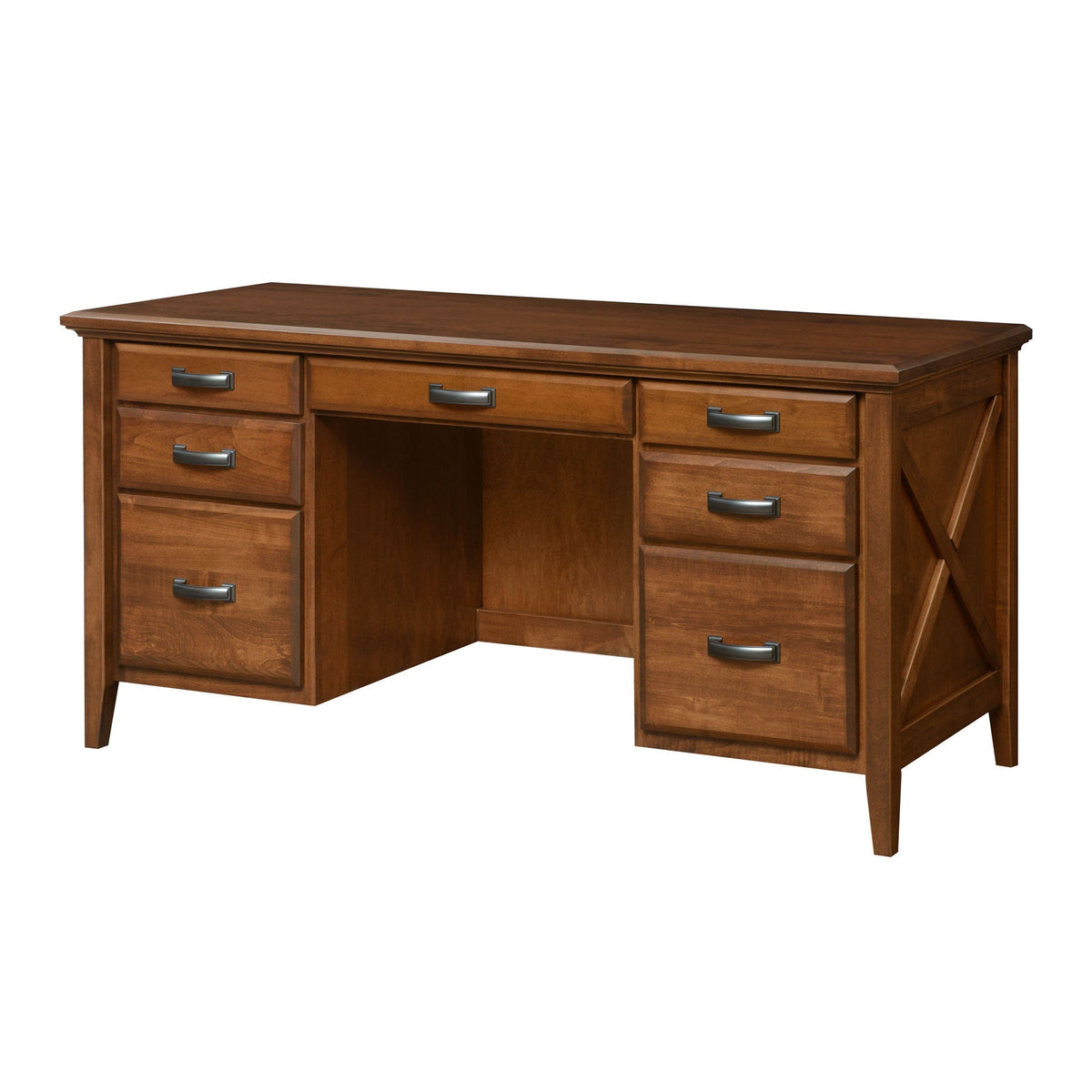 Writing desk with center drawer, three drawers per pedestal, arched metal pulls and X detailed side panels