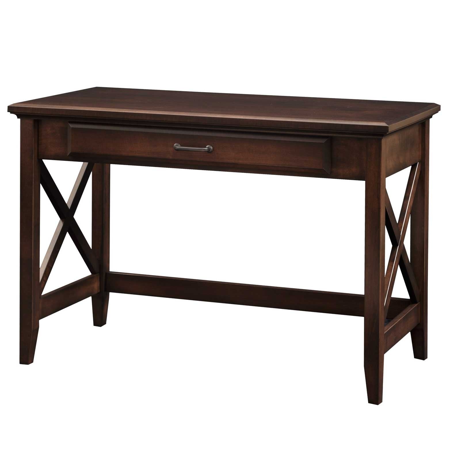 Corner table desk with a single drawer and X side panels, paired with a matching chair by white brick