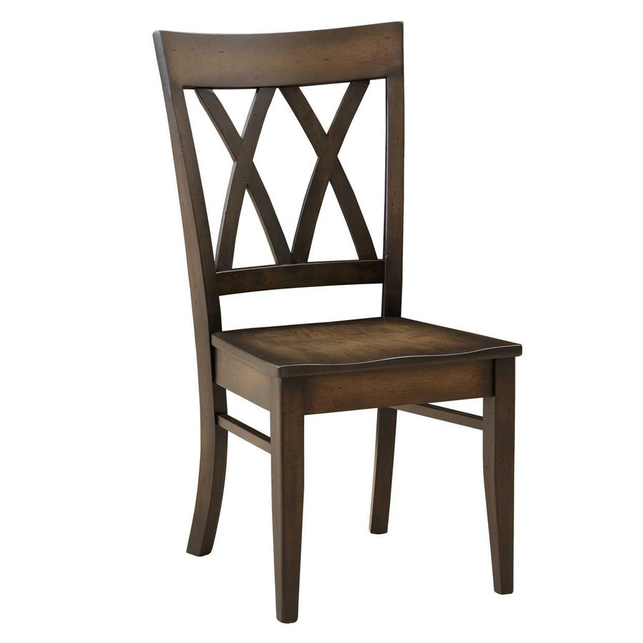 X back desk chair in dark brown wood with a contoured saddle seat and gently splayed legs, on white