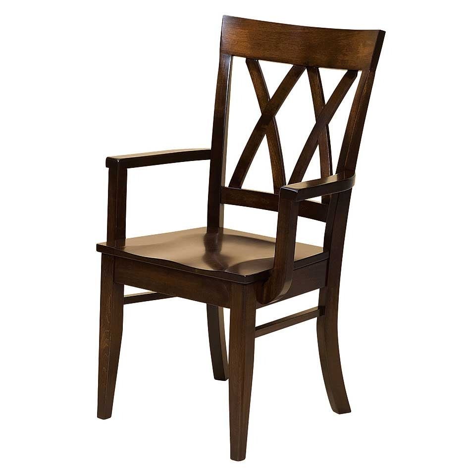Wood arm chair with a double X pattern back, shaped seat, flat arms and tapered legs on a white background