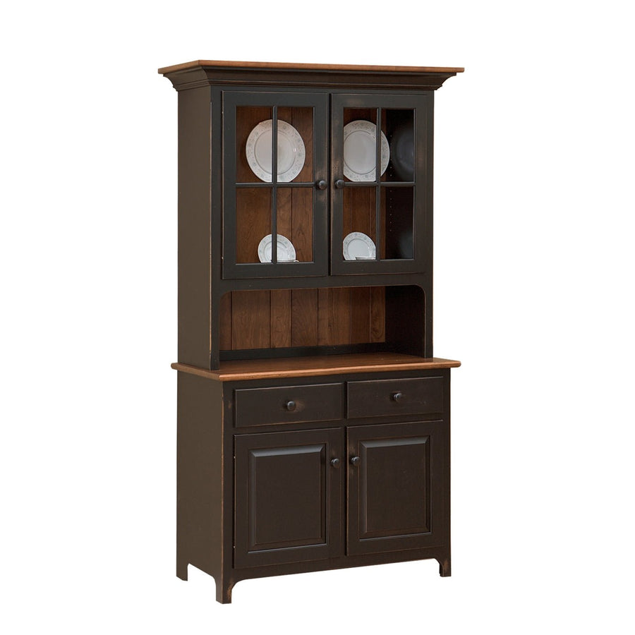 Two-tone hutch with black painted case, oak top, glass upper doors, two drawers and paneled lower doors