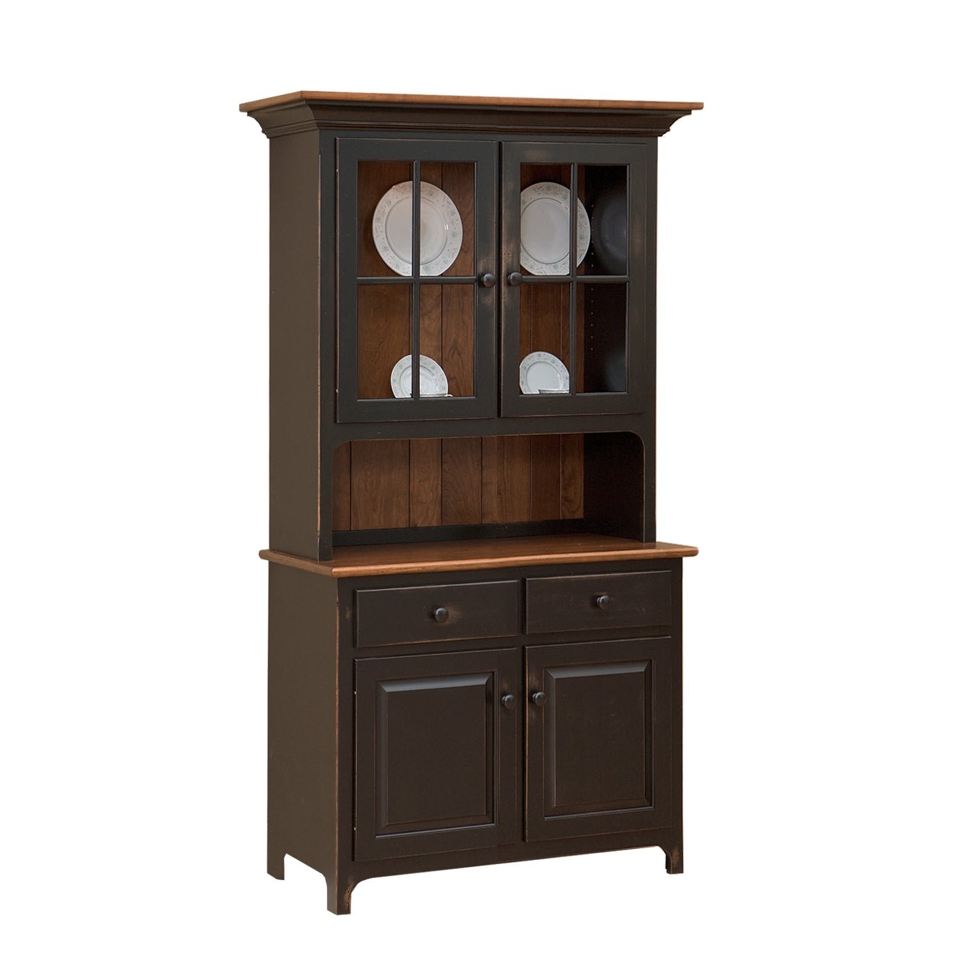 Cherry two-door hutch with mullion glass doors, open plate shelf, two drawers and paneled base cabinet