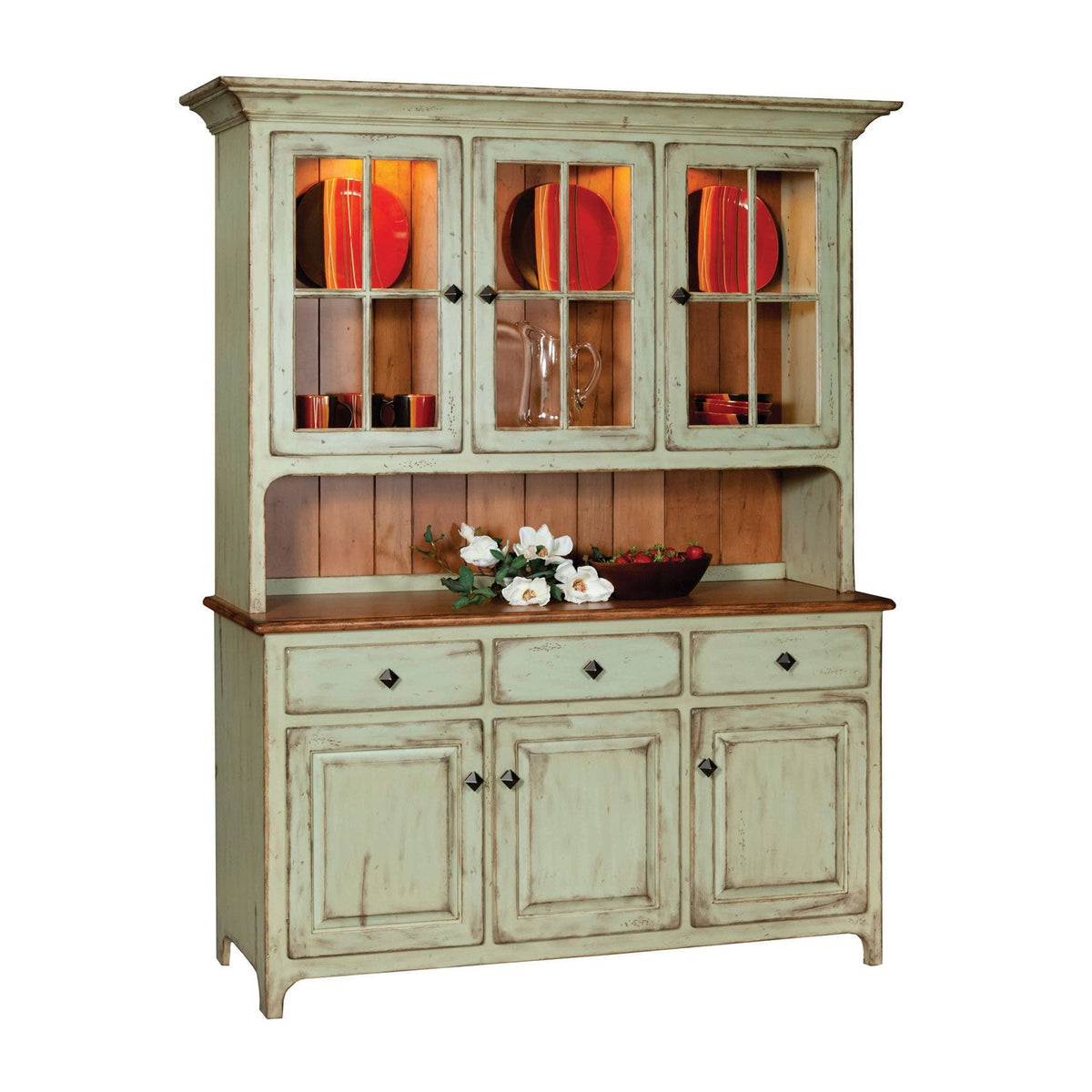 Distressed sage green china cabinet with three lighted glass doors, oak top, three drawers and panel doors