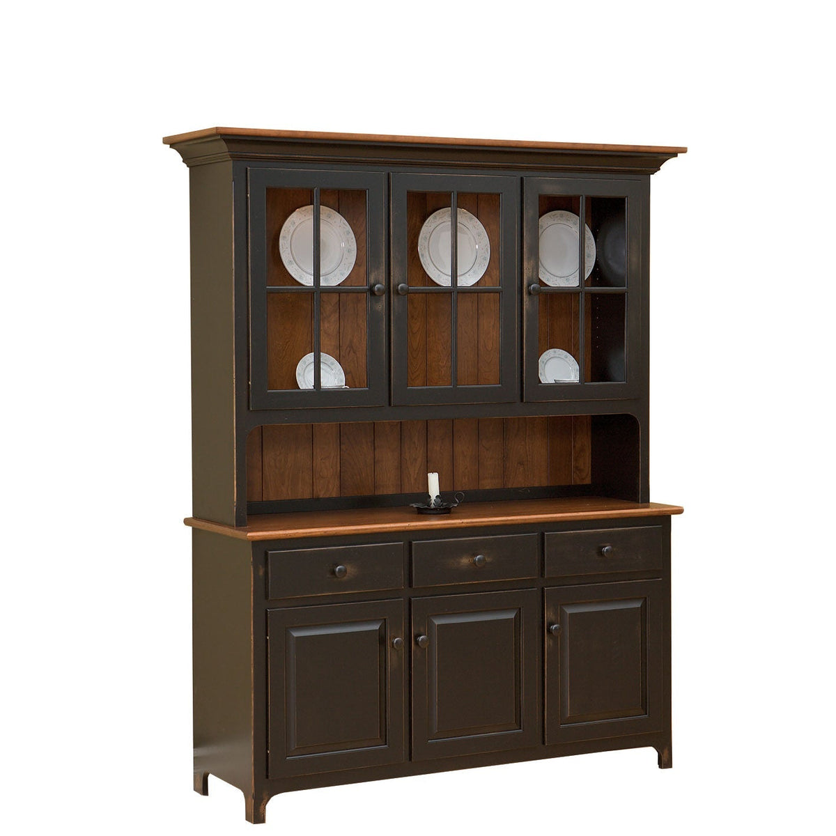 Three-door black china cabinet with oak top, mullion glass doors, three drawers and paneled base doors