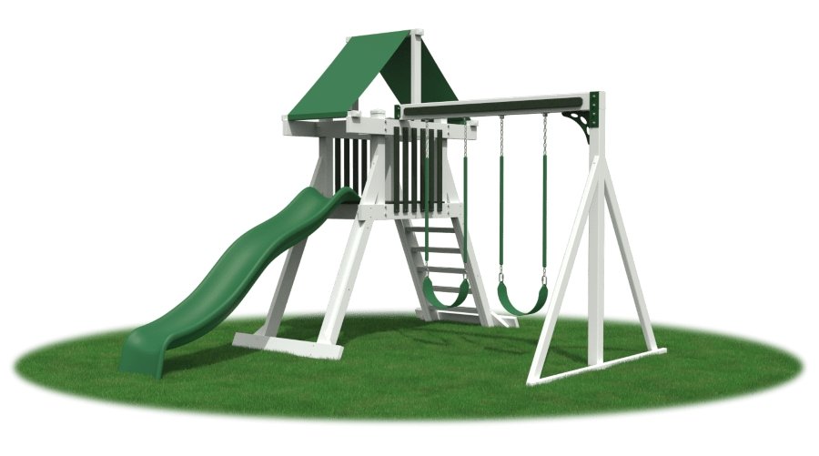 White and green vinyl playset with wave slide, climbing ladder, two swings and A-frame swing beam on grass