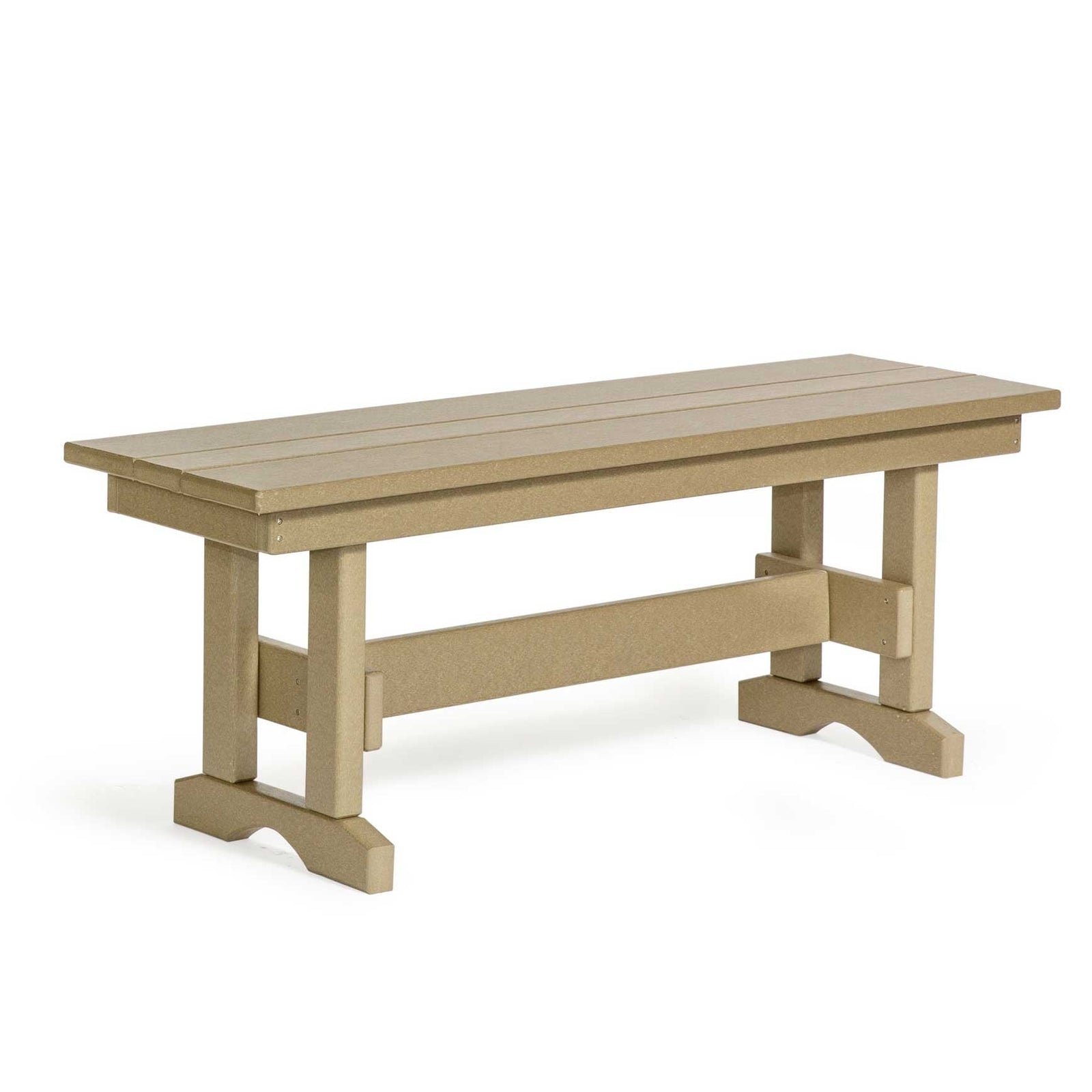 Gray and black poly 42 inch dining benches at an outdoor table set with a charcuterie board on flagstone