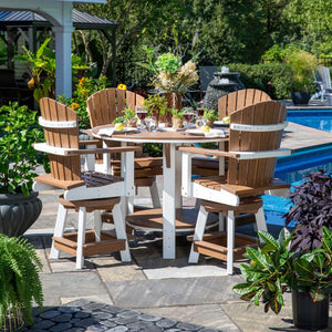 Nutmeg and white poly counter height table with four swivel Adirondack bar chairs set with wine poolside