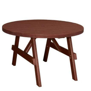 Cherry red round poly patio table with an umbrella hole and angled brace legs on a plain background