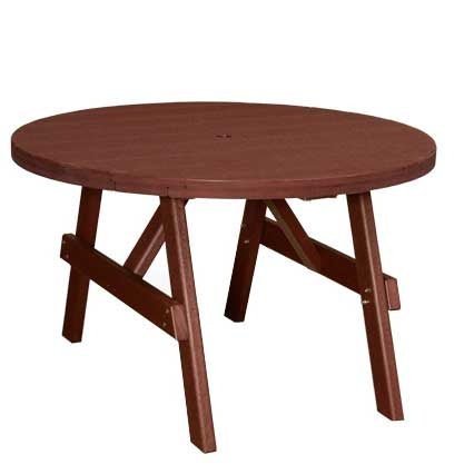 Cherry brown round poly garden table with an umbrella hole and angled A frame legs on a white background