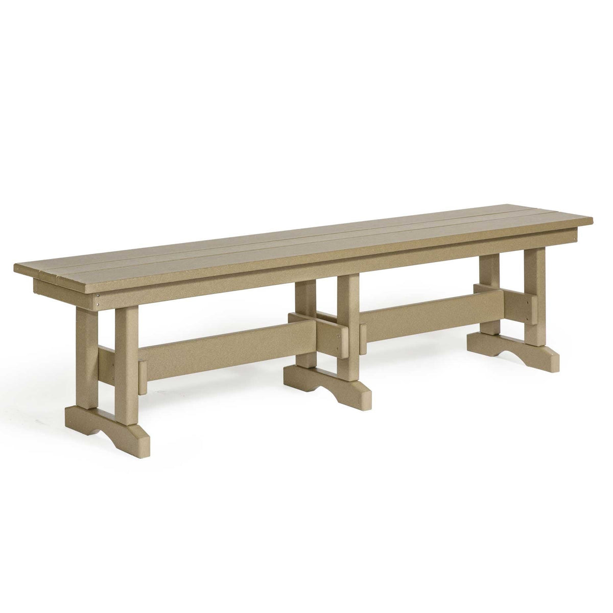 Weatherwood tan poly 6 foot backless patio dining bench with trestle base and stretcher on a white background