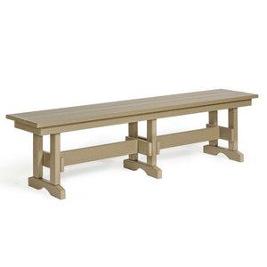 Weatherwood tan poly 6 foot backless patio dining bench with trestle base and stretcher on a white background