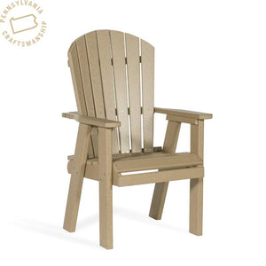 Weatherwood poly fan back patio dining arm chair with wide flat arms and slatted seat on a white background