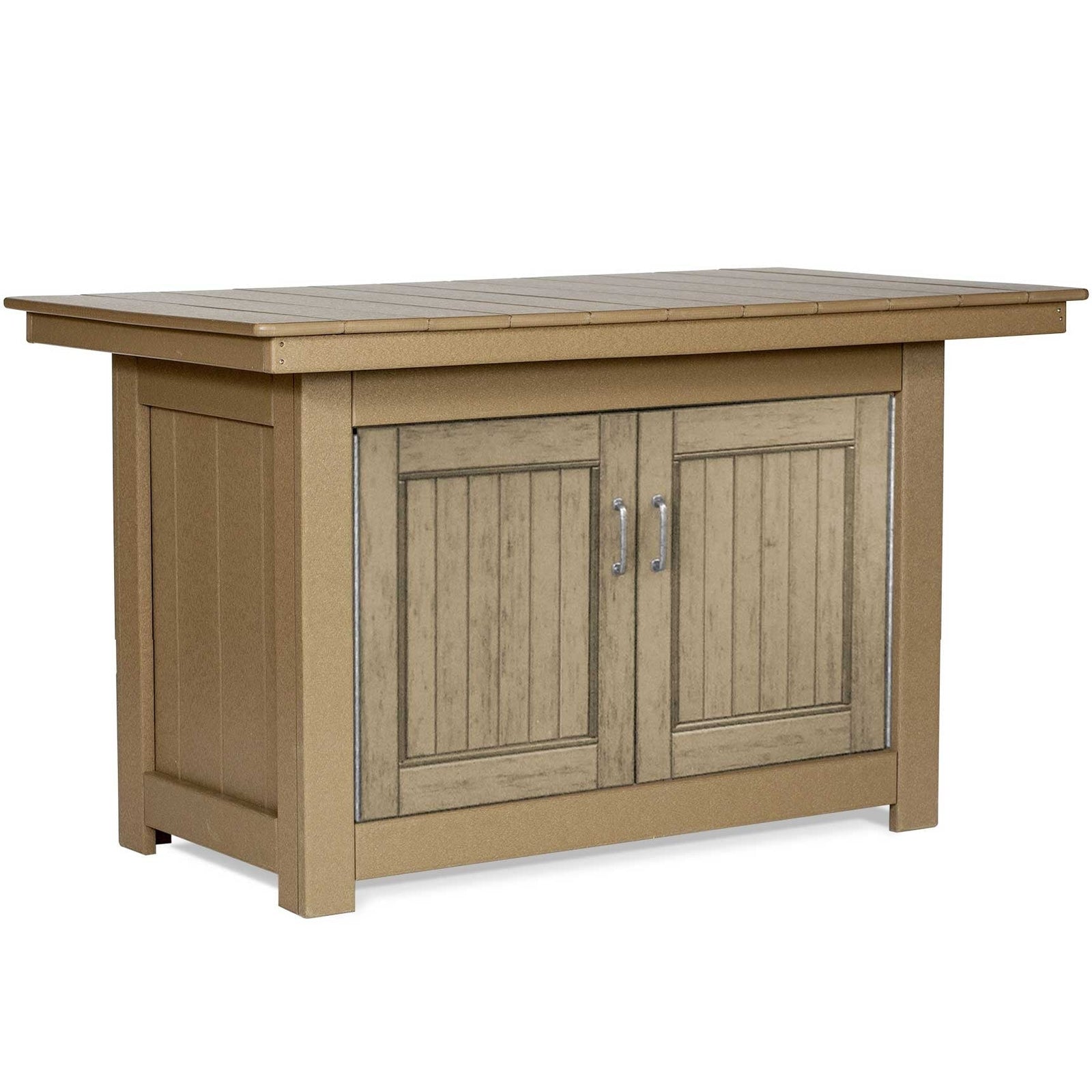 Black and light gray poly outdoor bar island with two swivel backless stools set with snacks beside a pool