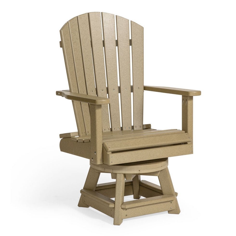 Cedar and brown poly swivel bistro chairs at a candlelit outdoor dining table with pillows and draped linens