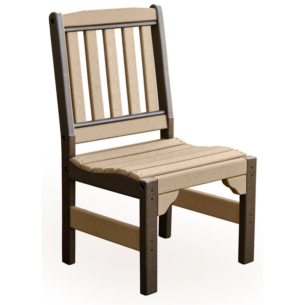 Weatherwood and brown poly English Garden armless side chair with vertical slat back and contoured seat on white