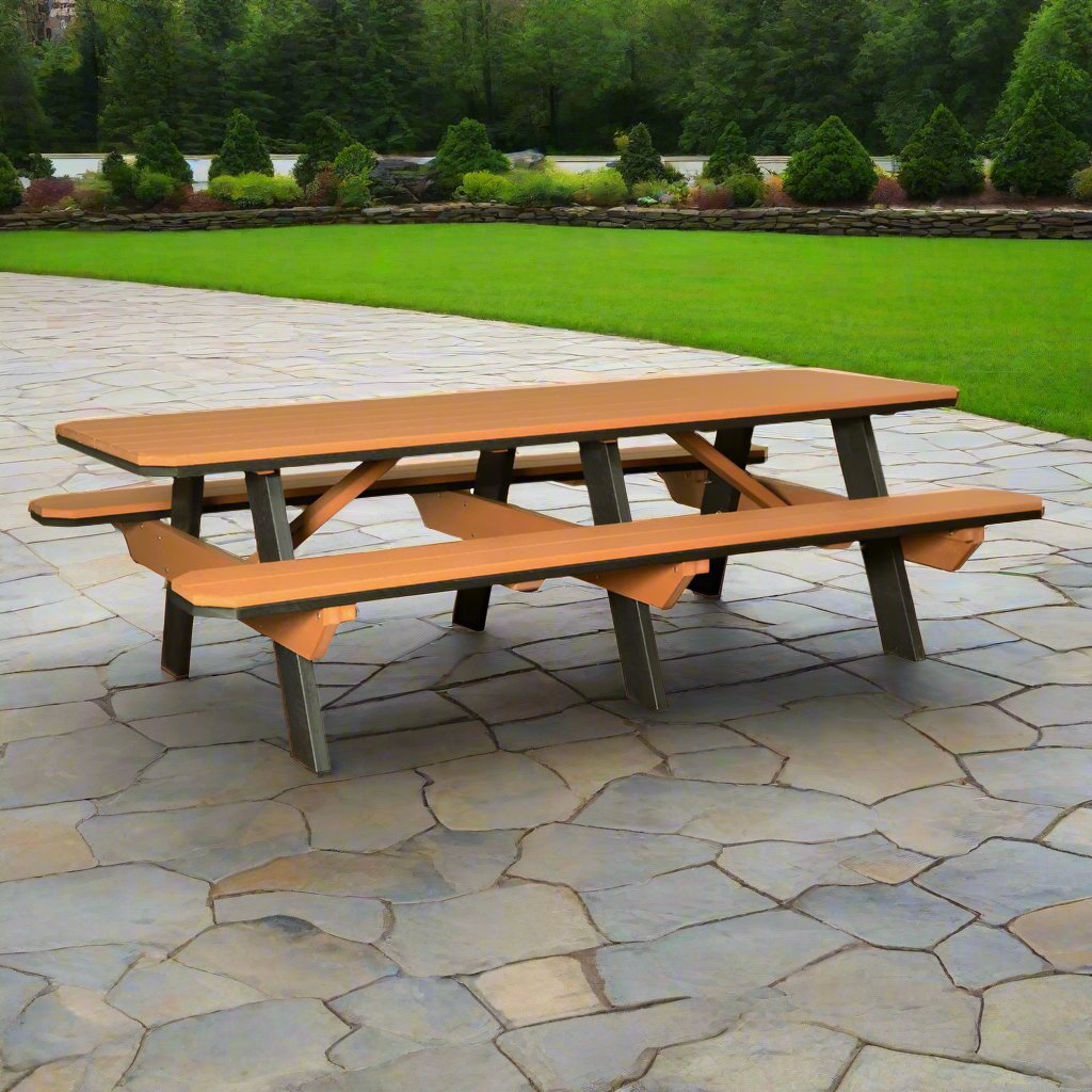 Cedar and brown 96 inch poly picnic table with attached benches for eight on a flagstone patio