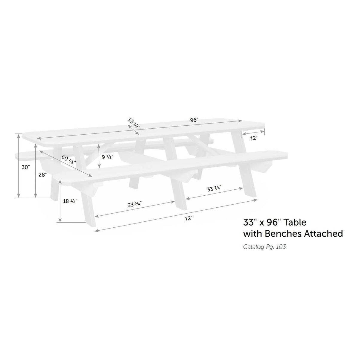 Dimension diagram of the 33 by 96 inch picnic table with attached benches: 30 inch table height, 18.5 inch bench height