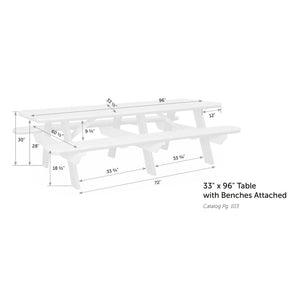 Dimension diagram of the 33 by 96 inch picnic table with attached benches: 30 inch table height, 18.5 inch bench height