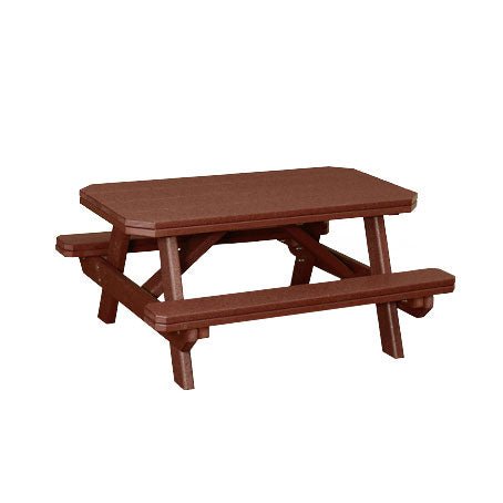 Cherry brown kids poly picnic table with attached benches and angled legs on a white background