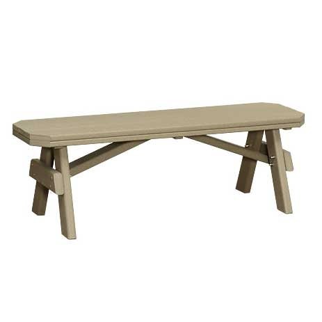 Weatherwood poly garden bench with a flat plank seat and cross braced A frame legs on a white background