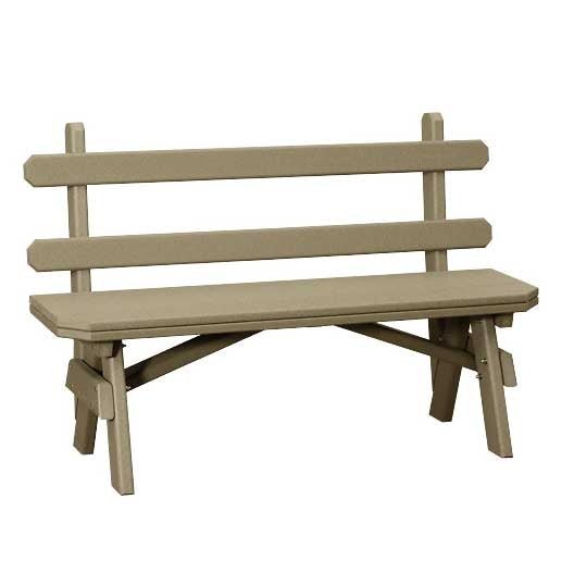 Weatherwood poly garden bench with a two rail back, plank seat and braced A frame legs on a white background