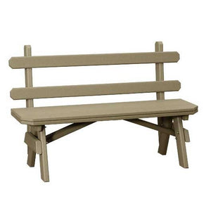 Weatherwood poly garden bench with a two rail back, plank seat and braced A frame legs on a white background