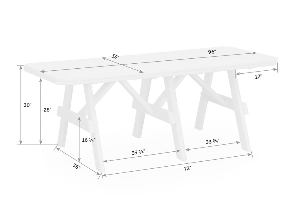 Measured drawing of the 96 inch long, 33 inch deep poly garden table with braced A frame legs