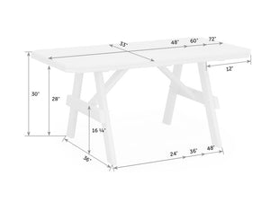Dimension diagram of the rectangular garden table: 33 inch depth, 30 inch height, 48 to 72 inch lengths