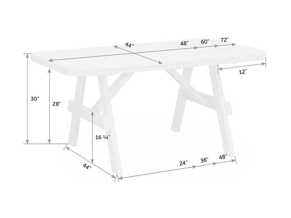 Dimension diagram of the 44 inch deep garden table available in 48, 60 and 72 inch lengths at 30 inches tall