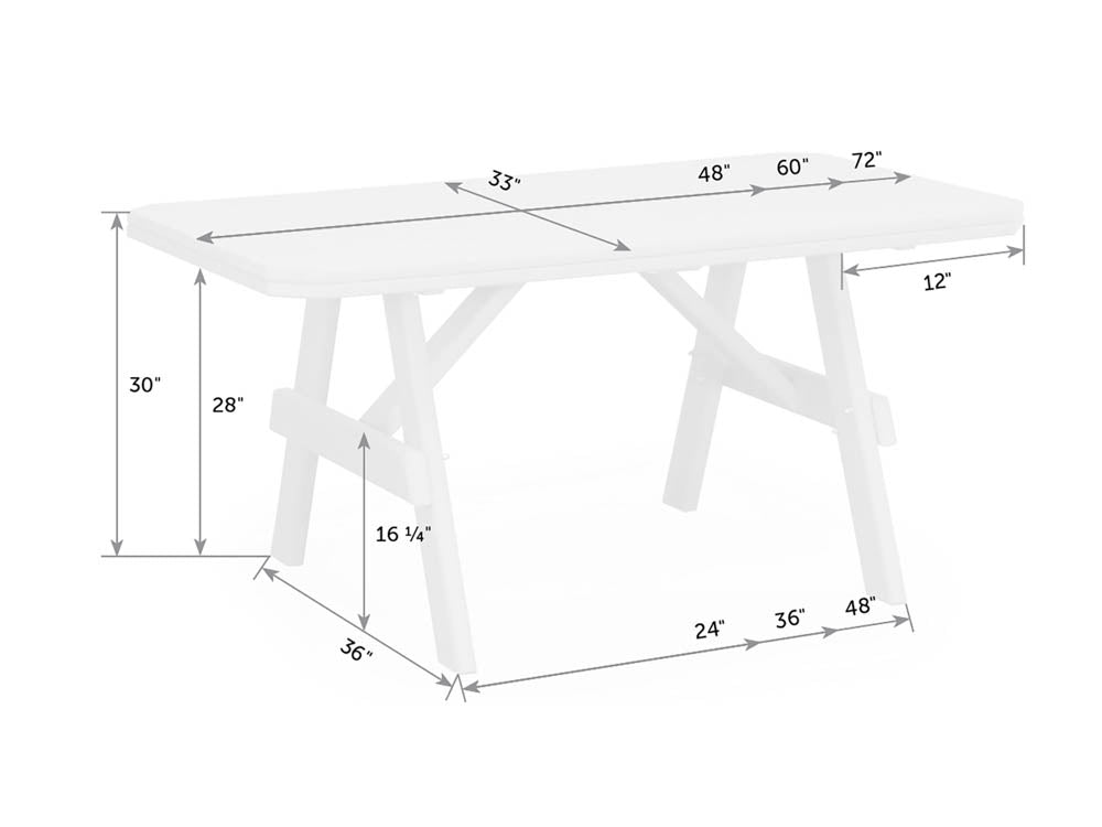 Dimension diagram of the rectangular poly garden table showing 48, 60 and 72 inch length options