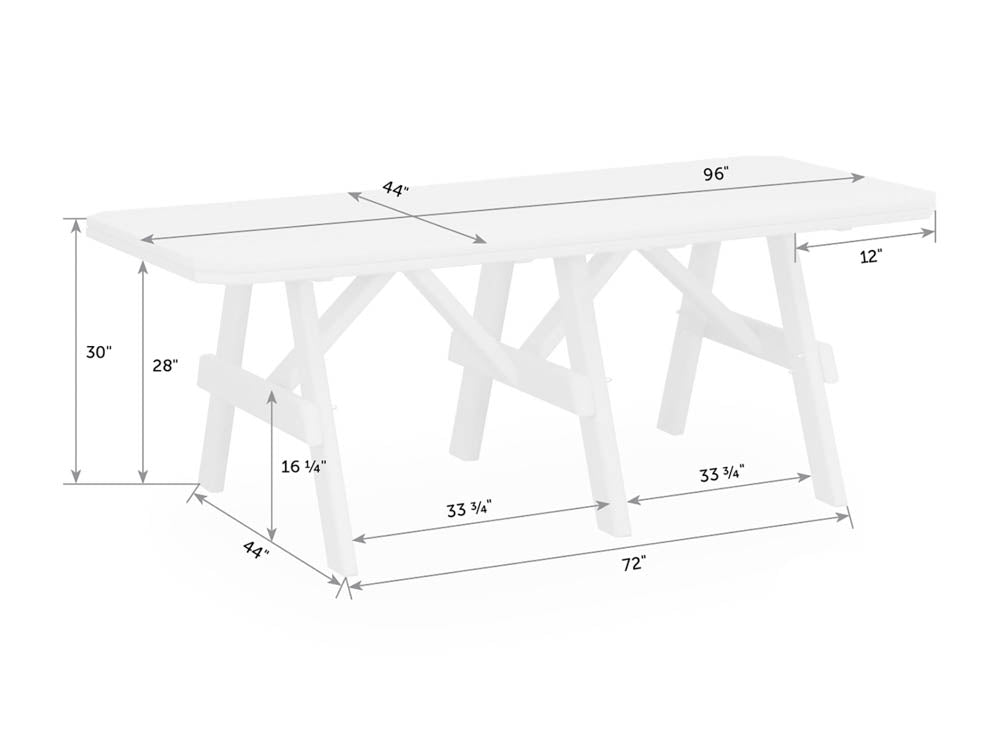 Dimension diagram of the 96 by 44 inch garden table at 30 inches tall with a 16.25 inch lower brace
