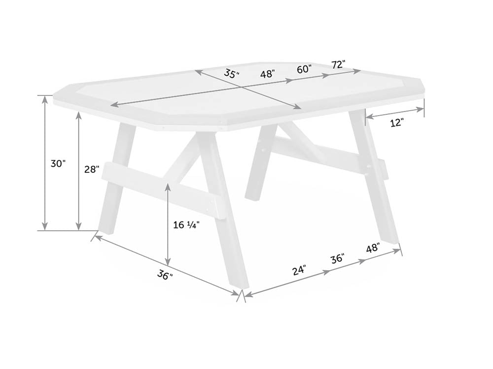 Dimension diagram of the 35 inch deep garden table with border, offered in 48, 60 and 72 inch lengths