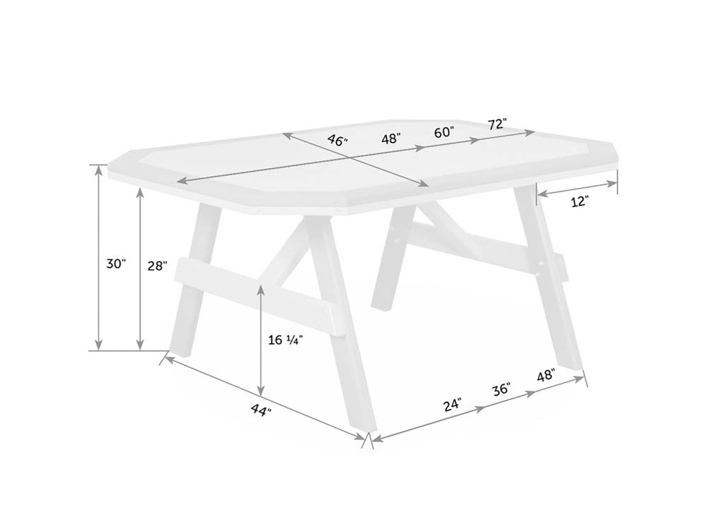 Dimension diagram of the 46 inch deep bordered garden table with 48, 60 and 72 inch length options
